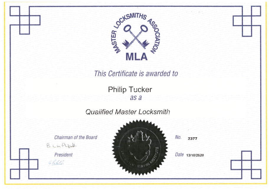 Phil master locksmith association certificate