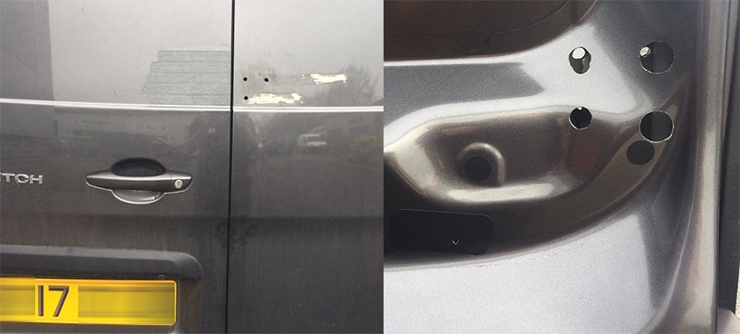 The damage caused to the van door by the failed DIY job.