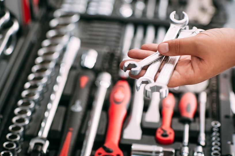 Tools in the back of a trade van.